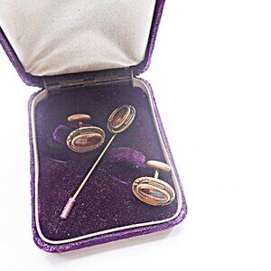 antique lapel pin and cufflinks gold filled with topaz gemstones in original box